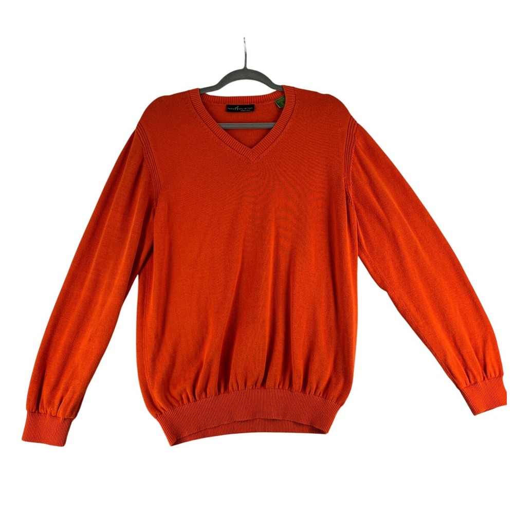 Peru Unlimited Mens Orange 100% Pima Cotton Preppy V-Neck Sweater L Made in Peru